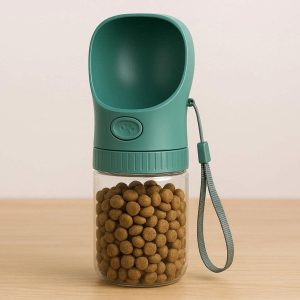 2 in 1 Dog Water Bottle and Food Container Portable Pet Travel Bowl for Walking Hiking with Leak Proof Seal and Carrying Lanyard Green