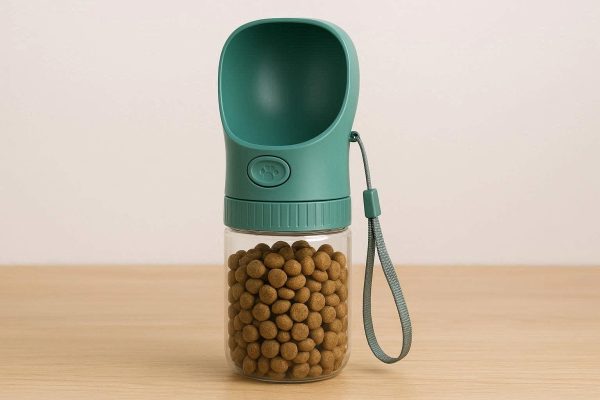 2 in 1 Dog Water Bottle and Food Container Portable Pet Travel Bowl for Walking Hiking with Leak Proof Seal and Carrying Lanyard Green