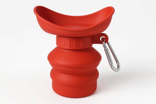 Foldable Silicone Dog Water Bottle Portable Pet Travel Dispenser with Carabiner Clip for Backpacking Lightweight and Space Saving Design Red