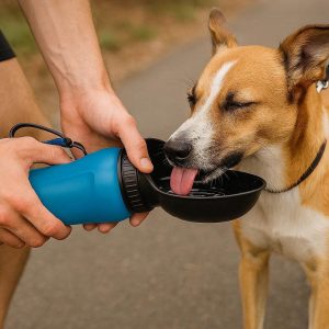 Squeeze Dog Water Bottle with Auto Fill Bowl Portable Pet Travel Drinker for One Handed Hydration During Running and Exercise 20oz Blue