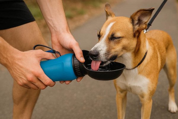 Squeeze Dog Water Bottle with Auto Fill Bowl Portable Pet Travel Drinker for One Handed Hydration During Running and Exercise 20oz Blue