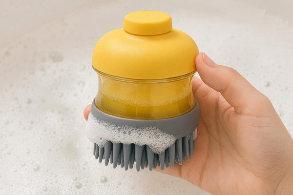 Pet Bath Brush and Massage Comb with Soft Silicone Bristles for Dogs and Cats Shampoo Dispensing Scrubber for Deep Cleaning During Bath Time