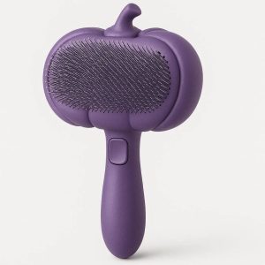 Pumpkin Shaped Pet Slicker Brush for Shedding and Grooming Self Cleaning Massage Tool for Cats and Dogs with Fine Wire Bristles Purple Design