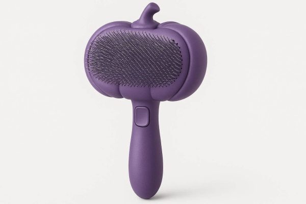 Pumpkin Shaped Pet Slicker Brush for Shedding and Grooming Self Cleaning Massage Tool for Cats and Dogs with Fine Wire Bristles Purple Design