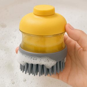 Pet Bath Brush and Massage Comb with Soft Silicone Bristles for Dogs and Cats Shampoo Dispensing Scrubber for Deep Cleaning During Bath Time